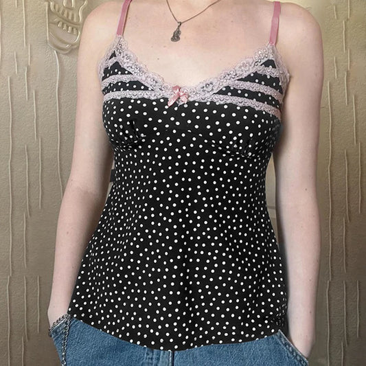 Polka Dot Bow Lace Crop Top