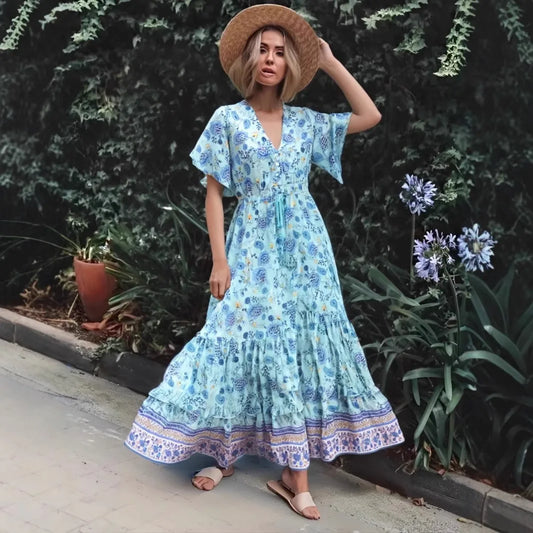 Floral V-neck Rayon Beach Boho Dress Green / S bohodress-250126