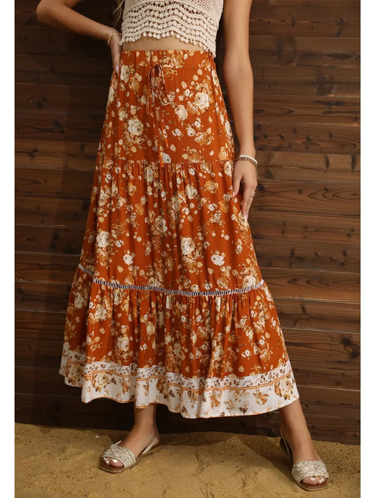 Floral Pleated Boho A-Line Rayon Maxi Skirt Brown / S skirt-250126
