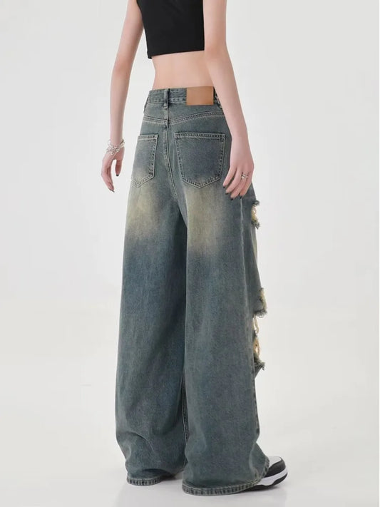Perforated Women’s Summer New Ins Fashion Brand Straight Tube Loose Sweeping High Street Jean