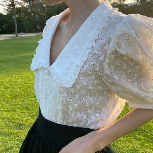 Hollow Lace Puff Sleeve Peter Pan Collar Blouse blouse-250126