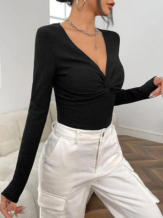 Sexy V-Neck Knitted Base Shirt Figure Slim Fit Top Women knittop-250126