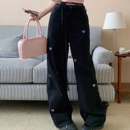 Korean Butterfly Embroidered Pants Black / S