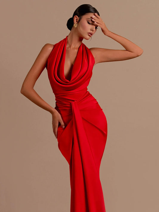 Red Backless Halter V-Neck Maxi Bodycon Christmas Party Dress Dresses-L