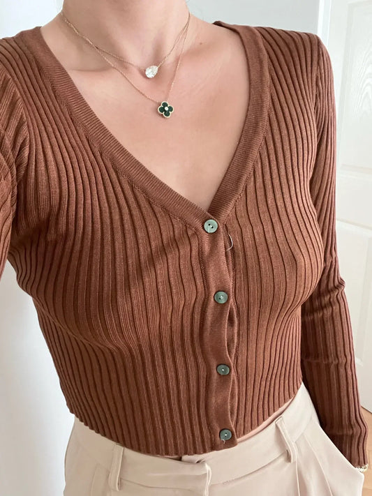Patchwork Slim Ladies Button-Up Knitted Cardigan coffee1 / S cardiagn-250126