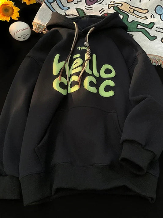 Korean Fashion Letter Printed Fleece Hoodie Black / M(40-50KG)