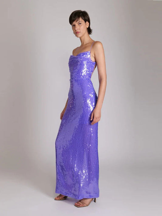 New Sexy Sleeveless Backless Lace-Up Slim Long Dress Bright Sequins Christmas Party Dresses-L