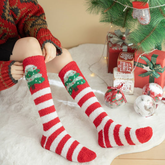 Coral Fleece Non Slip Thick Reindeer Snowman Knee High Socks