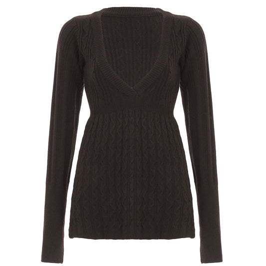Cable Knit Plunging V Neck Sweater