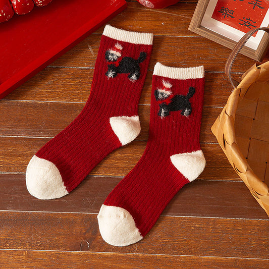 Thick Wool Red Cute Mid Calf Socks