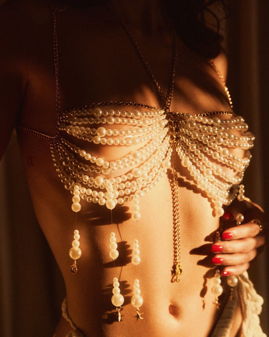 Pearl Beaded Tassel Halter Body Chain