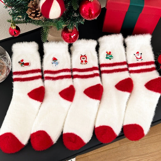 Thick Plush Embroidered Red Mid Calf Socks