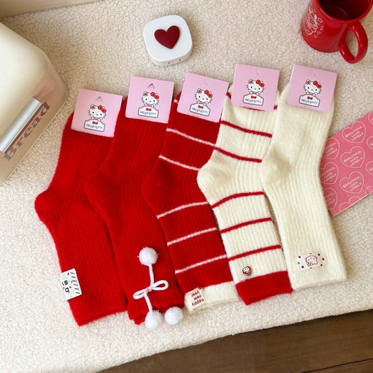 Embroidered Red Mid Calf Coral Fleece Cozy Socks