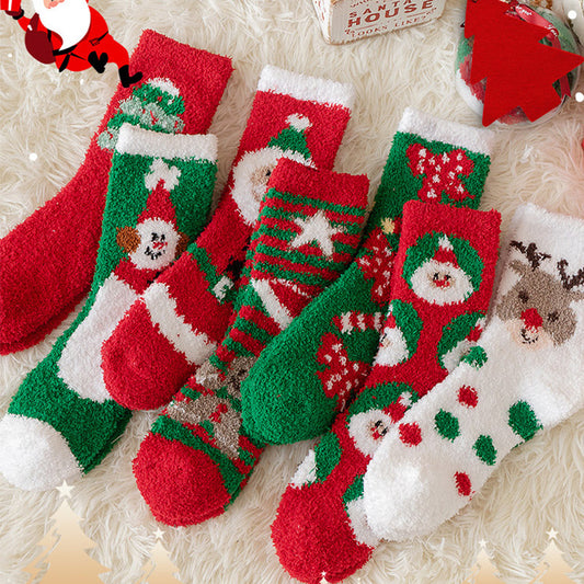 Thick Coral Fleece Cute Reindeer Snowman Socks