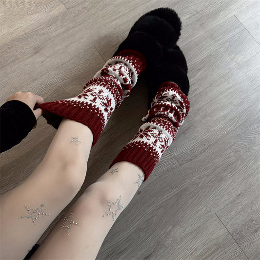 Retro Snowflake Knit Slouchy Red Leg Warmers