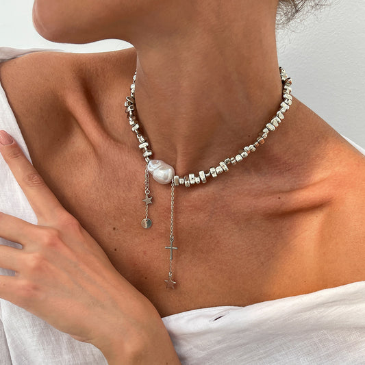 Minimalist Irregular Beaded Star Cross Tassel NeckLace