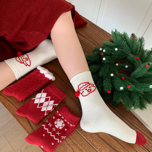 Red Argyle Snowflake Seamless Rabbit Fleece Mid Calf Socks