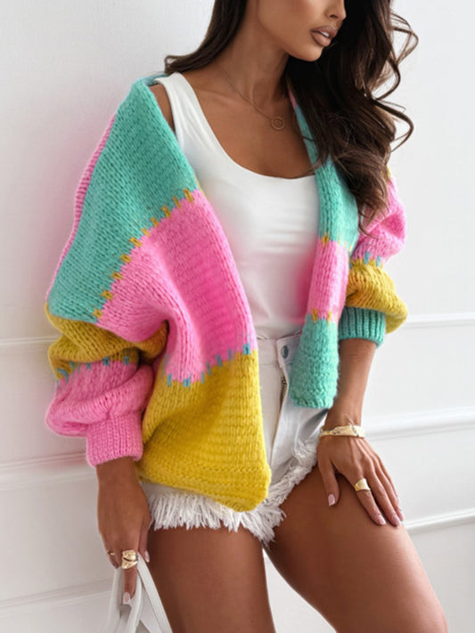 Lazy-Style Color-Block Loose Knit Cardigan