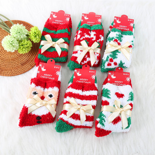 Coral Fleece Thick Bow Santa Tree Elk Socks