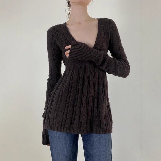 Cable Knit Plunging V Neck Sweater
