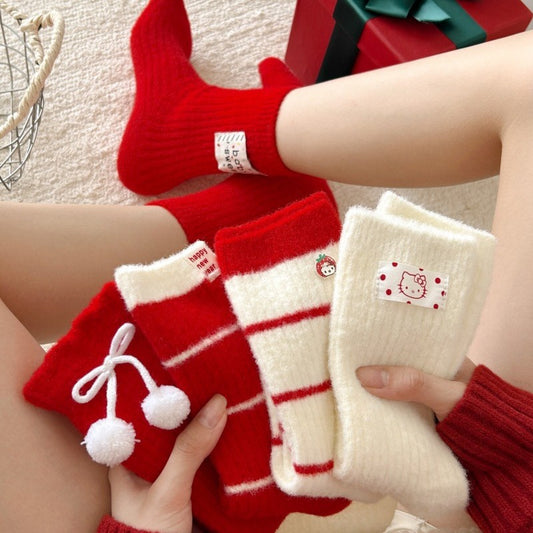 Embroidered Red Mid Calf Coral Fleece Cozy Socks