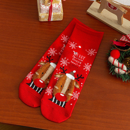 Cartoon Moose Santa Mid-Calf Crew Straight Socks