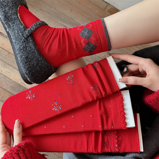 Slouchy Red Combed Cotton Mid Calf Chic Socks