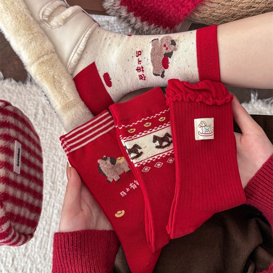 Red Retro Slouchy Crew Socks