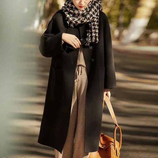 Commute Style Woolen Lapel Overcoat Black / M