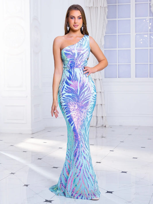 One-Shoulder Sequined Party Dress Blue / S Partydress-241208