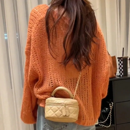 Orange Lantern Sleeve Open Stitch Loose Spring Cardigan cardiagn-250126