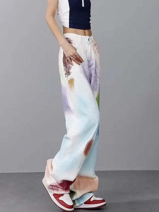 Personalized Graffiti High Waist Slim Hand-Painted Painted Trendy Loose Straight Wide Leg Casual