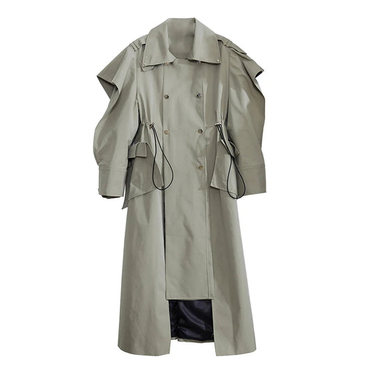 Manteau élégant de luxe à double boutonnage avec cordon de serrage à la taille et long, grande taille