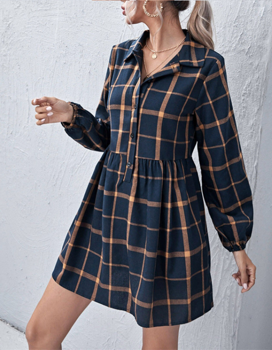 Navy V Neck Plaid Prints Buttons Casual Sweet Dress For Women Dresses