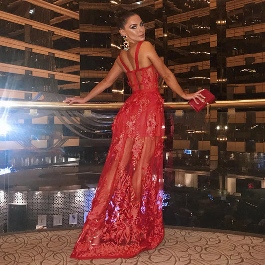 Red Color Celebrity Fashion Sleeveless Sexy Backless Lace Long Dress Christmas Party Dresses-L