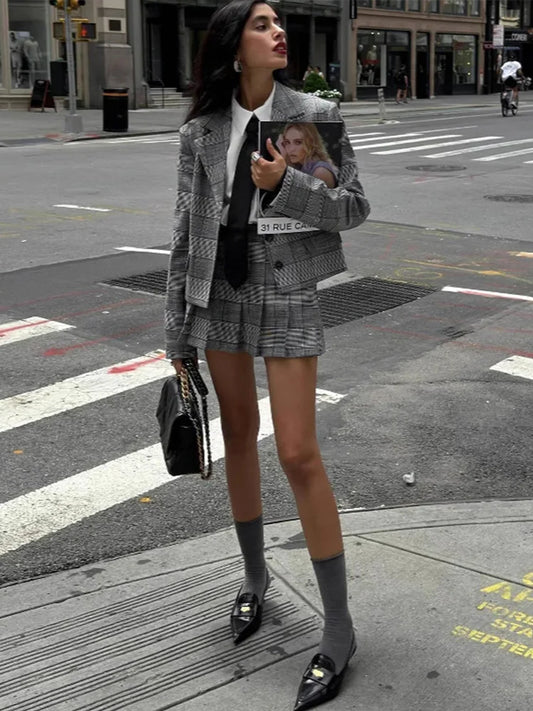 Retro Plaid Pleated Lapel Office Two Piece Set