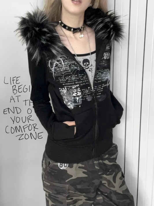 Dark Furry Patchwork Hooded Sweatshirt Black / S