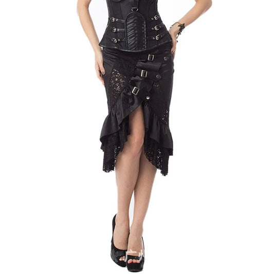 Victorian Satin Lace Floral Skirt Black / S / CHINA