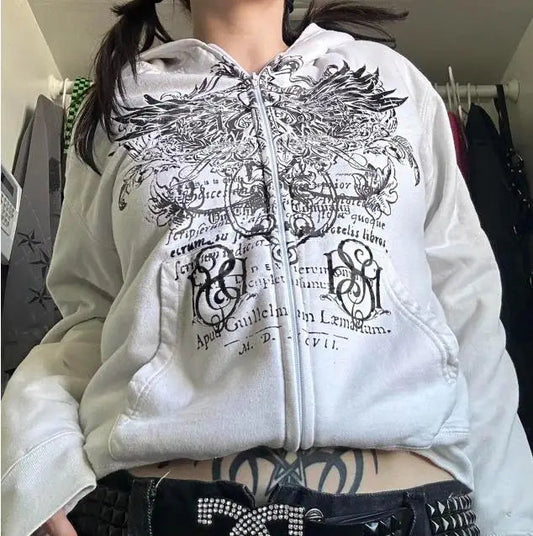 Dark Feathers Pattern Zip Hoodie GRAY / S