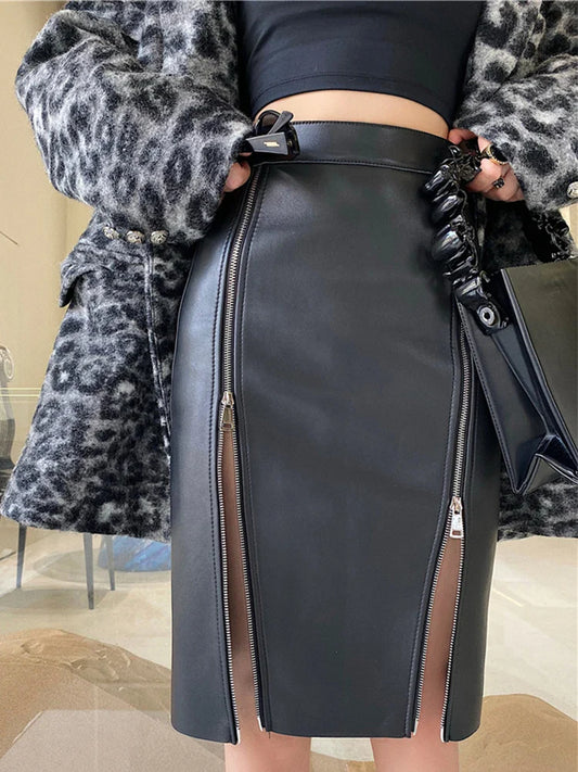 Double Slit Zipper Midi Skirt Black / S