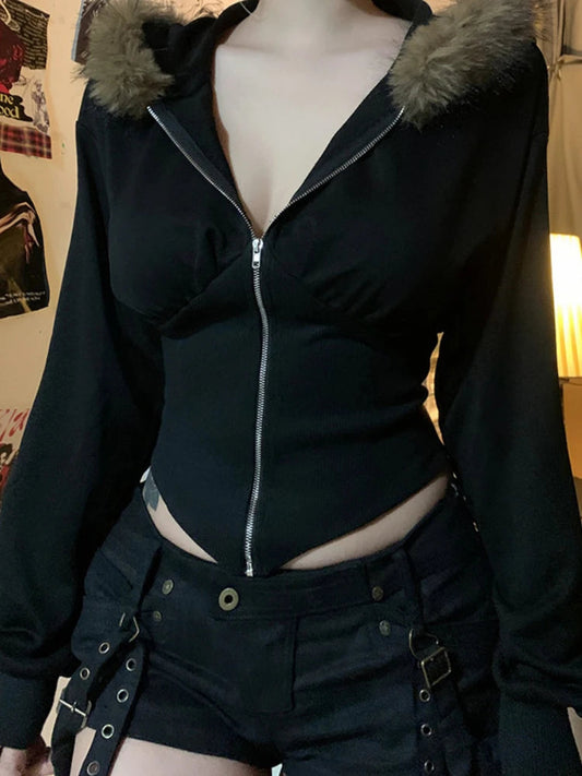 Dark Futuristic Furry Hem Hoodie Black / S
