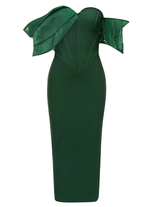 Sexy Asymmetric Sleeves Off Shoulder Bandage Green Slash Neck Christmas Party Dress / Xs Dresses-L