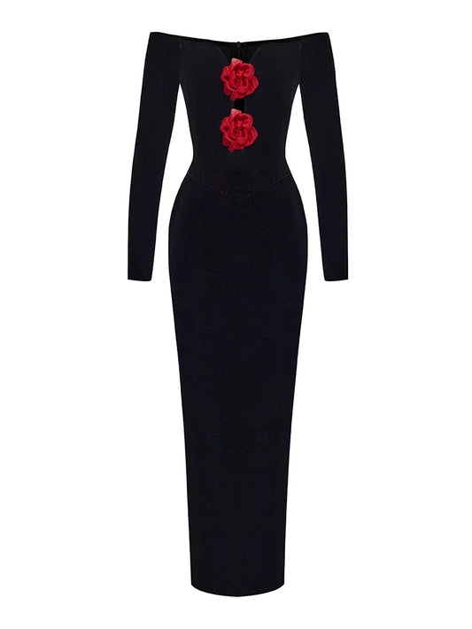 Sexy Off Shoulder V Neck Hollow Out Flower Dress Women Christmas Party Black / Xs Dresses-L