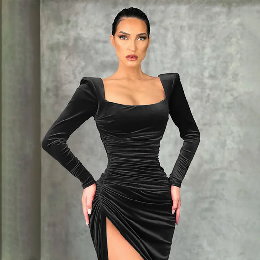 Sexy Red Velvet Elegant Midi Christmas Party Dress Black / S Dresses-L