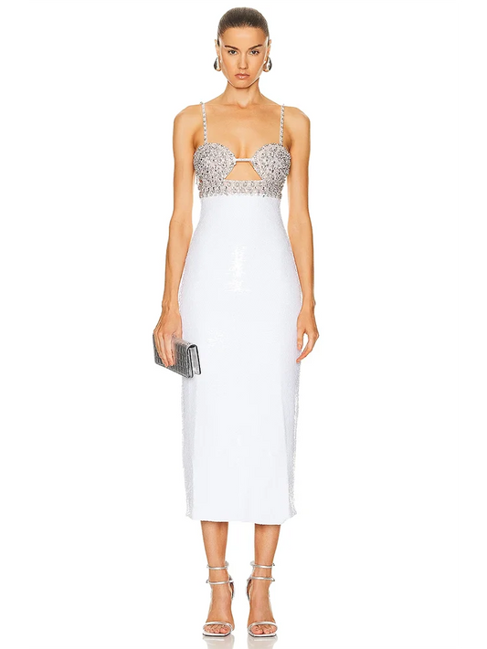 Sexy Spaghetti Strap Luxury Diamond Sequin Dress White Backless Midi Christmas Party Dresses-L