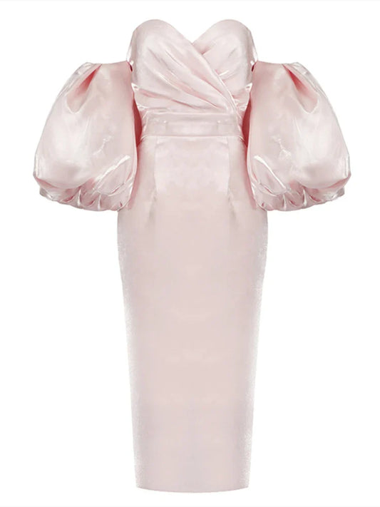 Sexy V-Neck Strapless Puff Sleeve Satin Midi Off Shoulder Christmas Party Dress Pink / S Dresses-L
