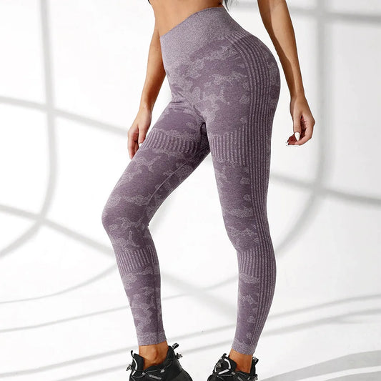High Waist Camouflage Seamless Stretch Butt Lift Gym Legging Purple / S