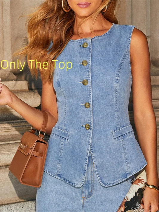 Streetwear Denim Wide Leg Office Two Piece Set