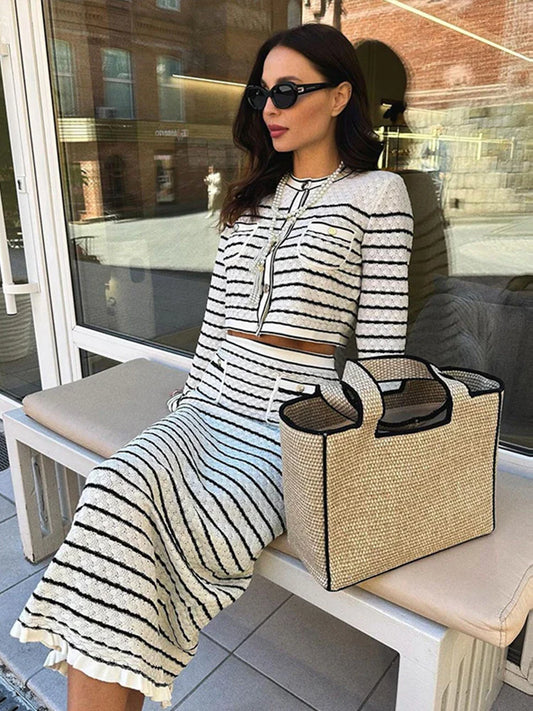 Striped Hollow Knitted High Waist Office Two Piece Set