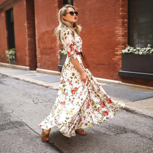 Maxi Dress Flower Print Pleated Swing Evening Dress floraldress-250126